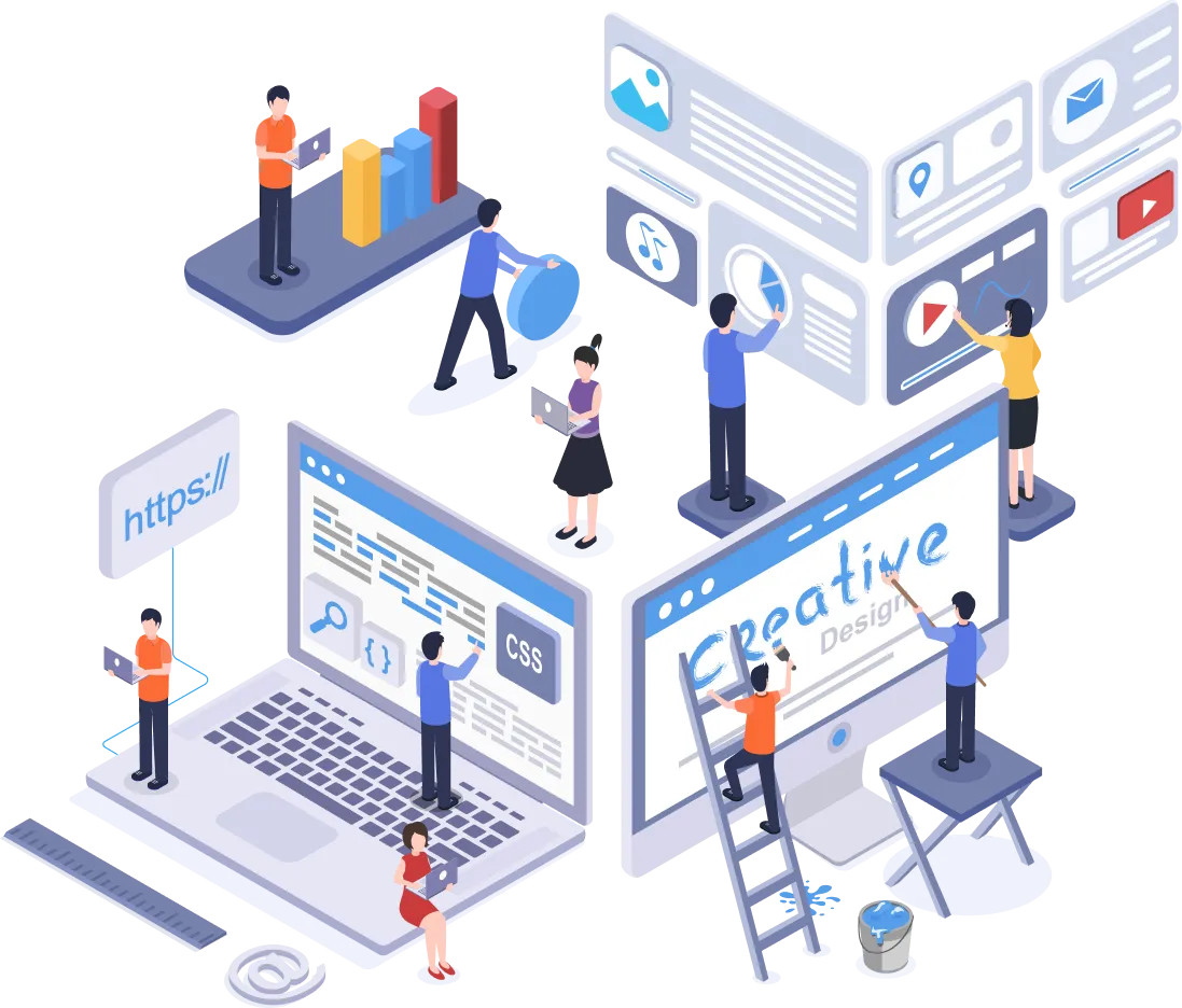 等身大のノートパソコンやモニターに対し、作業をしている専門スタッフのイメージイラスト