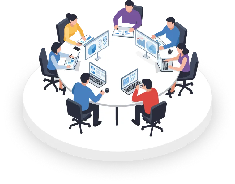 円卓で共同作業を行うチームの俯瞰イラスト